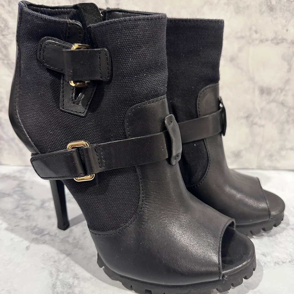 Tory Burch Oren Black Peep Toe Ankle Booties Boots Leather & Canvas High Heel